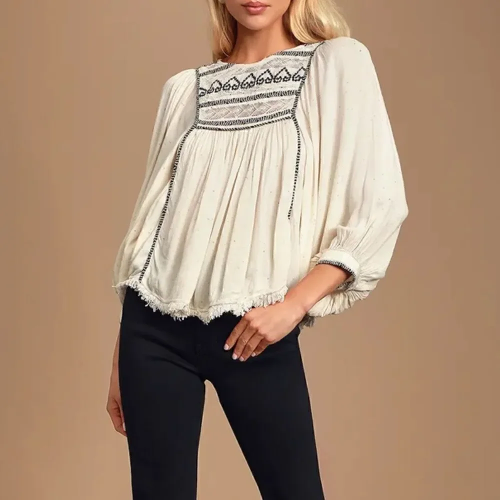 Free People Boho Cyprus Avenue Ivory Embroidered Top Blouse Size XS